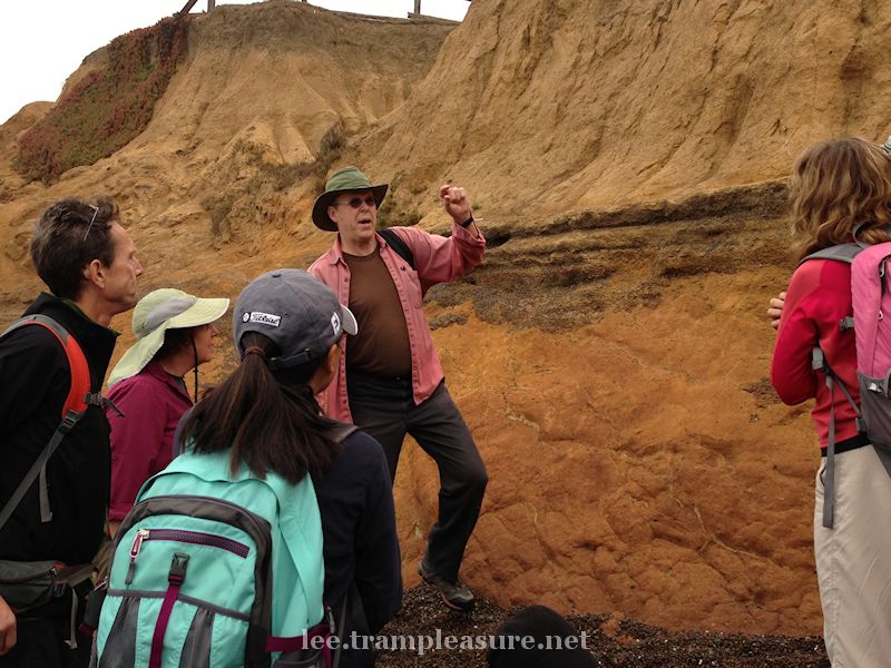 Photo showing a group of people looking at a bluff of sandstone above a beach.