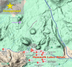 Map showing a collection of hotels in the Mammoth Lakes area, and a star where a campground is.