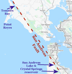 map showing a line running straight between San Andreas Lake/Crystal Springs Reservoir and Tomales Bay