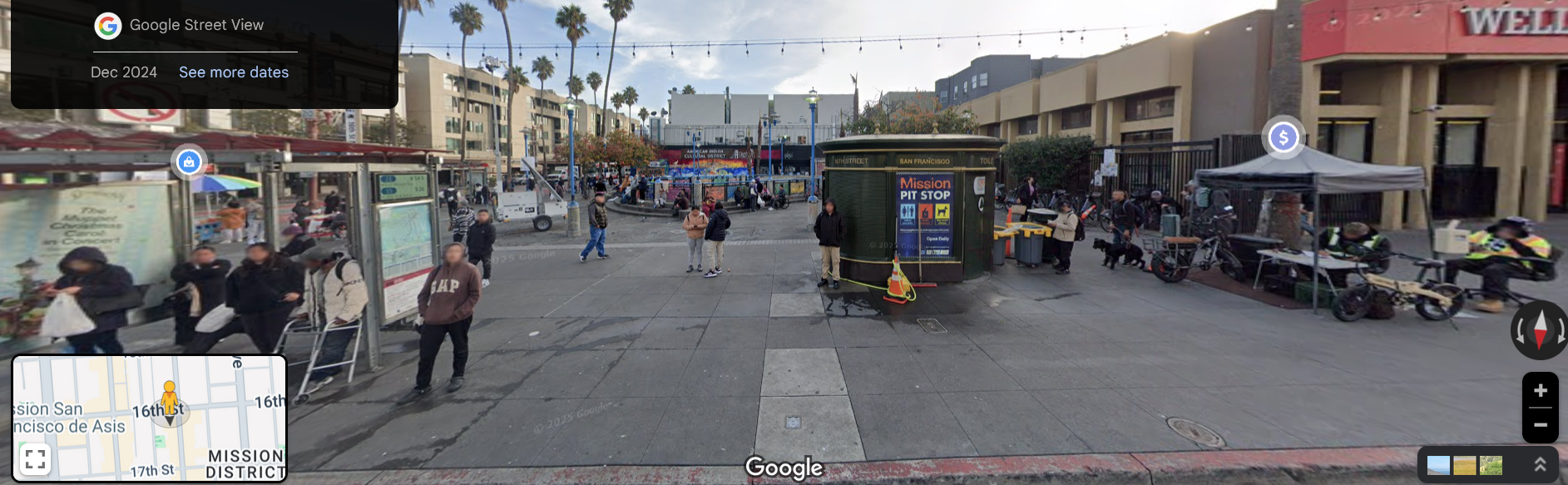 Photos showing people waiting for a bus, with a Wells Fargo bank on the right side.
