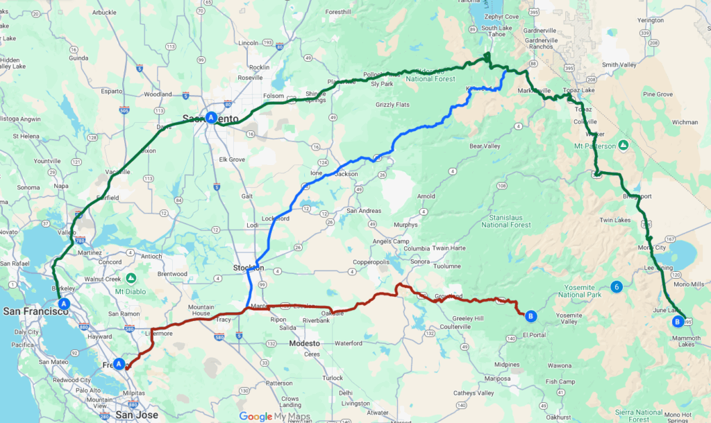 screenshot showing several routes from the SF Bay Area to Obsidian Flat Campground