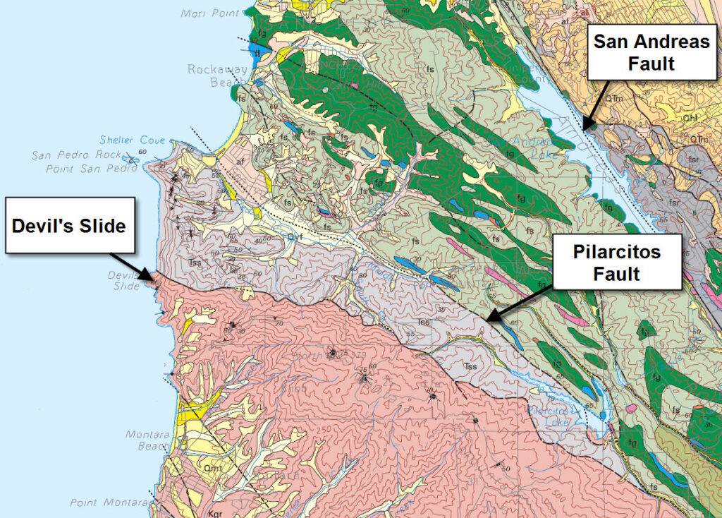 geologic map showing rock types and faults in the area around Devil's Slide on CA Highway 1
