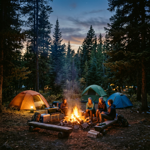 Group of people sitting around a campfire near tents in a forest at dusk